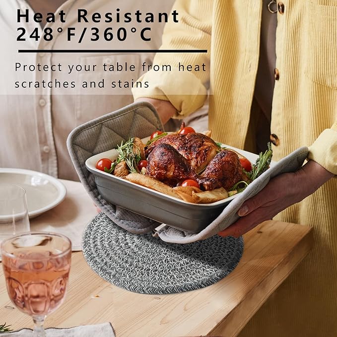 Trivets for Hot Dishes, Trivets for Hot Pots and Pans, Hot Pads for Countertops, Coasters 4 Pcs and Storage Basket 1 Pack, Pot Holders for Kitchen, Cotton Hot Mats Cooking Pad Protect Table (D Grey)
