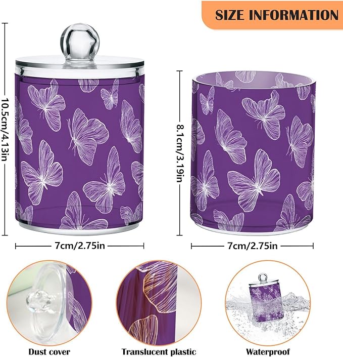 2 Pack Purple Butterflies Apothecary Jars with Lid, 12 Oz Clear Plastic Apothecary Jar Set Qtip Holder Storage Containers for Cotton Ball Swabs Bathroom Vanity
