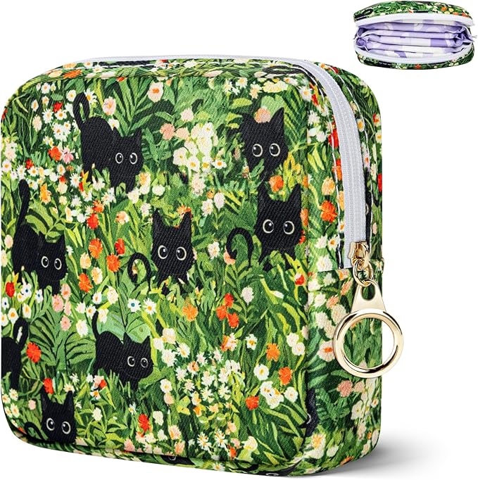 Tampon Holder for Purse, Canvas Period Bag Sanitary Napkin Storage Bag for Girls Womens, Portable Feminine Emergency Pad Period Pouch(Kitten Grass)