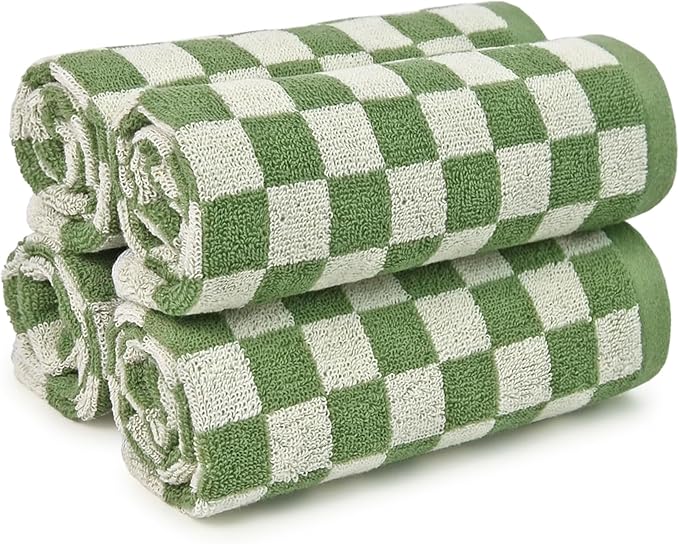 Jacquotha Wash Cloths Checkered 4 Pack (Green) - Cotton Washcloths for Face Body, 13 x 13 Inches Daily Cleansing Kitchen Towels