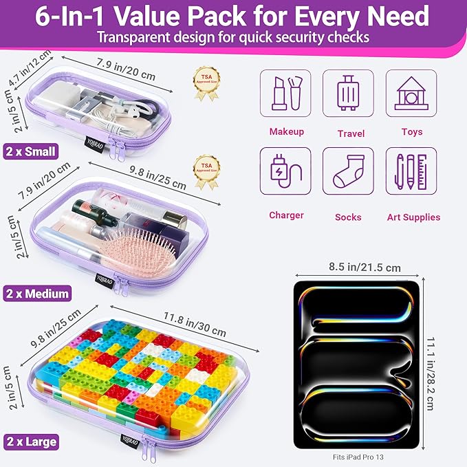 6 Pack Clear Hard Shell Zipper Case, See-Through Hard Plastic Organizer Pouches with Zipper for Travel, Toiletries, Makeup, Electronics & Pencils - Crush-Resistant Storage (Purple)