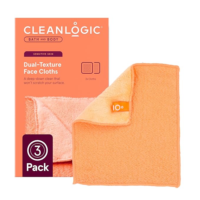 Cleanlogic Bath & Body Exfoliating Dual-Texture Face Cloths, 3 Pack, Premium Quality Facial Wash Cloths for Cleansing Sensitive Skin