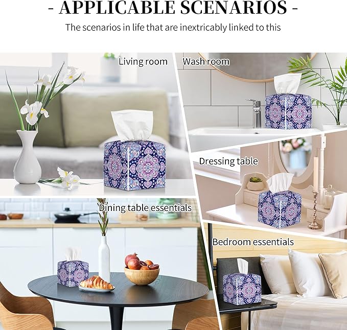 Boho Mandala Flower Tissue Box Cover Square,Indian Paisley Floral Tissue Box Holder Waterproof Leather Facial Paper Organizer Dispenser for Bathroom Home Car Nightstand Vanity Desk