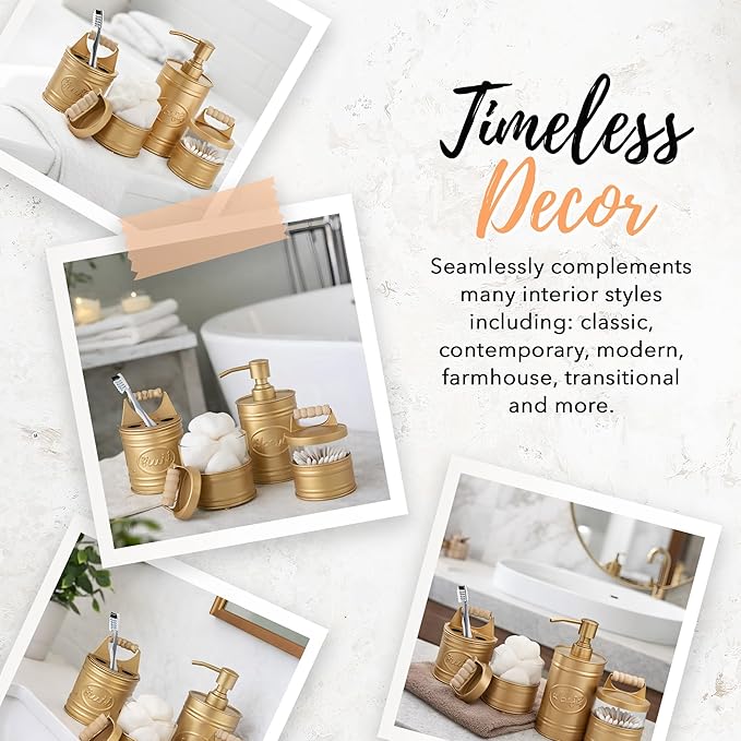 Autumn Alley Antique Gold Bathroom Accessories Set 4 - Farmhouse Soap Dispenser, Toothbrush Holder, 2 Apothecary Jars Qtip Holder - Gold Bathroom Decor – Rustic Farmhouse Bathroom Accessories