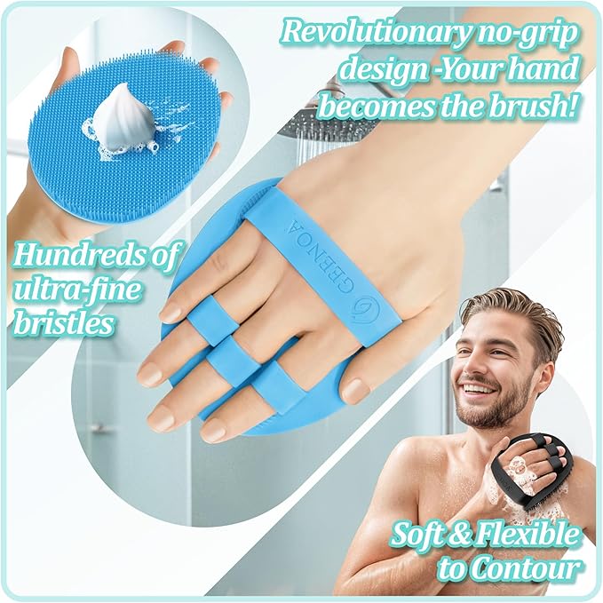 Silicone Bath Glove & Face Scrubber Set 2PCS, 360° Anti-Slip & Hand-fit Body Scrubber for Rich Foaming Deep Cleaning, Unique Facial Scrubber with Side-bristles for Contoured Areas.(Blue)