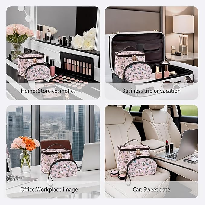 AmBealla Cosmetic Bag Large Makeup Bags Pink Travel Case with Makeup Brush Holder,2PCS Cosmetic Organizer for Women,Toiletry Storage Bag for Skincare&Beauty Tools Sweet Cute for Girls