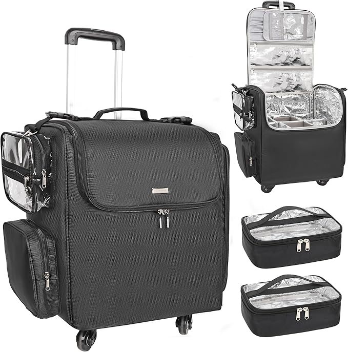 Relavel Rolling Makeup Train Case, Professional Hairstylist Traveling Bag with 4 Wheels & 2 Pouches, Adjustable Dividers, Heat Insulation Full Layer, Portable Cosmetics Storage Organizer Suitcase