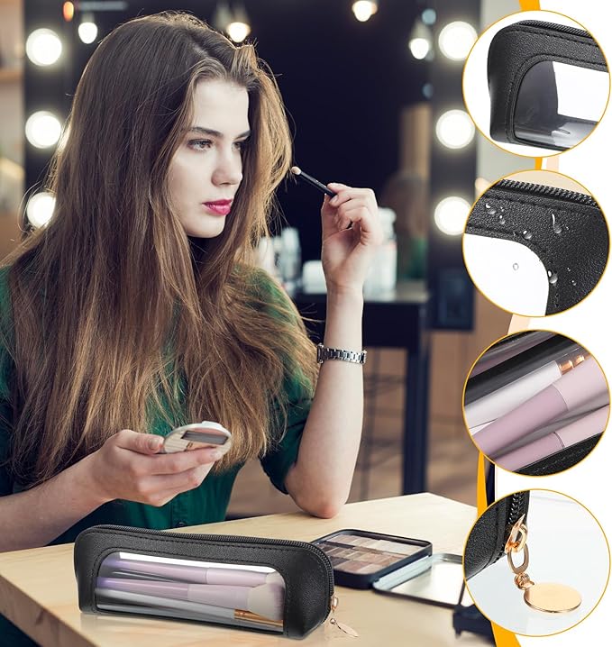 Lusofie Small Clear Makeup Brushes Bag, PU Leather Makeup Brush Bag, Portable Clear Make-up Brush Pouch with Zipper, Multi-use Cosmetic Organizer Bags for Women(Black)