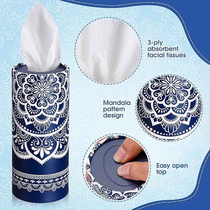 Outus 12 Pcs Mandala Car Tissues Cylinder Holder with 3 Ply Facial Tissue Bulk Round Tissue Holder Travel Tissues Boxes Container for Car Cup Wedding Birthday Party