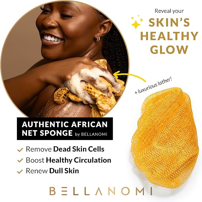 BELLANOMI African Exfoliating Net Sponge, Authentic, Ethically sourced from Nigeria, 45 inches Long, Back Scrubber for Daily use (Yellow)