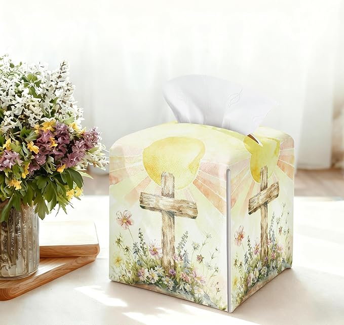 Cross and Wildflowers Tissue Box Cover Square, Religious Easter Waterproof Leather Tissue Box Holder, Cross Paper Facial Tissue Box Covers Cube for Officce Bathroom Home Prayer Room
