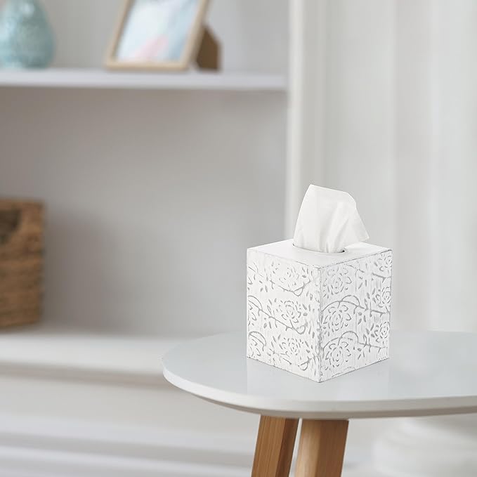 Country Chic Modern Farmhouse Tissue Box Holder, Decorative Metal Tissue Cover, Rustic Square White Style