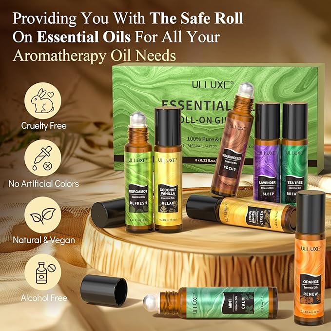 Essential Oils Roll On Set (Pack of 8) 8 Scent, Self Care Gifts for Women, Essential Oil Roller Set, Natural Aromatherapy Roll Oil Blends for Skin, Relaxing & Birthday Gifts for Wife, Mom & Girlfriend