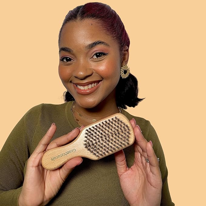 GranNaturals Hard Bristle Slick Back Hair Brush for Men & Women with Thick Curly Hair - Stiff Nylon Small Hairbrush for Smoothing, Waves, Beard, Fades, Locs, Dreads