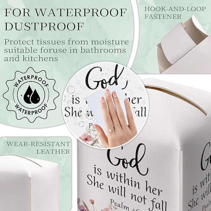 Christian Bible Verses Tissue Box Cover Square, Inspirational Quotes Waterproof Leather Tissue Box Holder, Flowers Paper Facial Tissue Box Covers Cube for Office Bathroom Home Prayer Room Decor