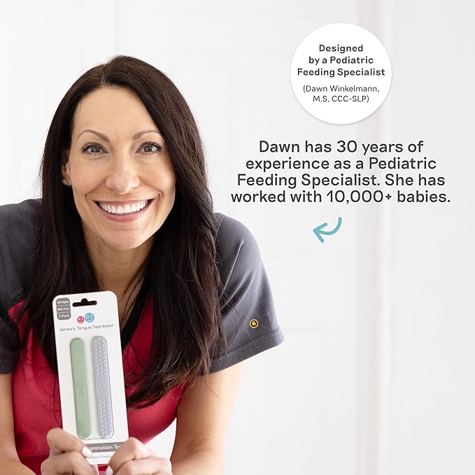 ezpz Baby-Led Toothbrush + Tongue Depressor Dual Pack (Blush) - 100% Silicone Toothbrush + Silicone/Stainless Steel Tongue Depressor - Helps Set-up Infants for a Healthy Oral Care Routine