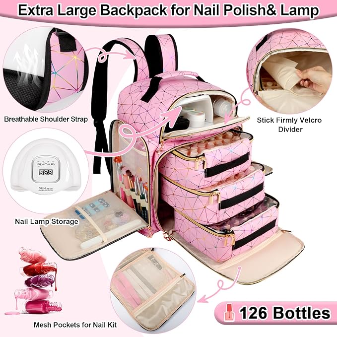 Nail Polish Organizer Backpack Holds 126 Bottles& Nail Lamp, Extra Large Nail Kit Supplies Organizer Bag with 3 Removable Cases, Portable Nail Organizers and Storage for Trave (PU Leather Pink)
