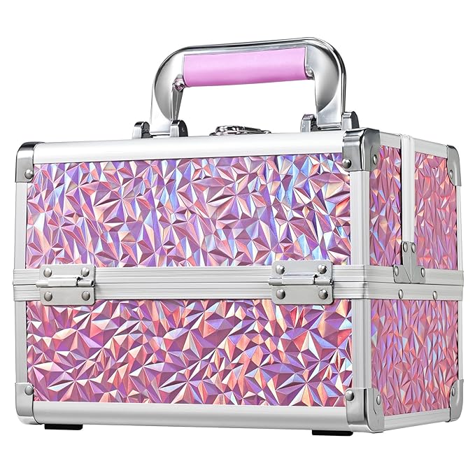 FRENESSA Makeup Case Organizer Cosmetic Box Storage Portable Makeup Train Case with Mirror 2 Trays Travel Vanity Box for Cosmetics Nail Kits Craft Tools Case Aluminum Hard Make Up Organizer Shiny Pink