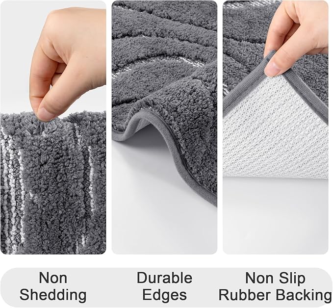 HEBE Bathroom Rugs Sets 5 Piece, Soft Absorbent Microfiber Bath Mat for Bathroom, Non Slip Washable Bath Rug Set with Toilet Cover, Bath Runner and U-Shaped Contour Toilet Rug, Stone Grey