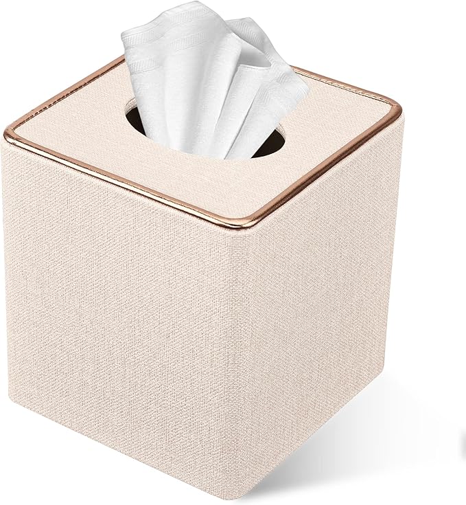 Tissue Box Cover, PU Leather Tissue Box Holder Square Box Covers for Home/Office/Car Decoration 5.3"X5.3"X5.8" - Beige