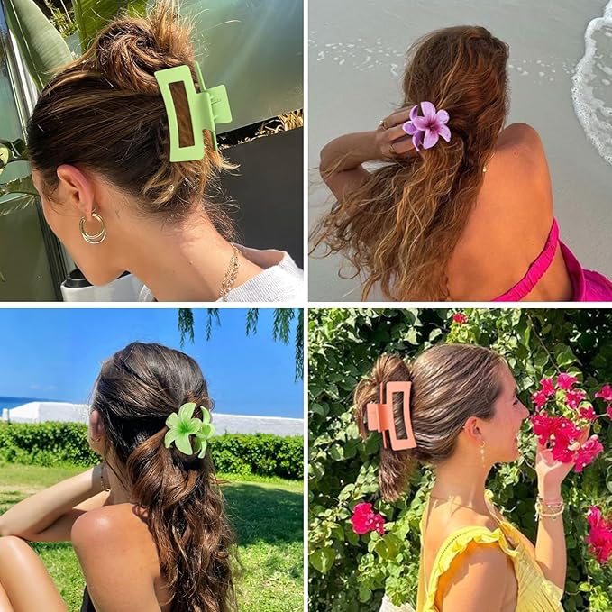 Flower Hair Clips for Women Square Claw Clips for Girls 2 Styles Hair Claw Clips for Thick or Thin Hair 6 PCS Hawaiian Hibiscus Rectangle Large Plumeria Medium Hair Accessories for Women (Purple)