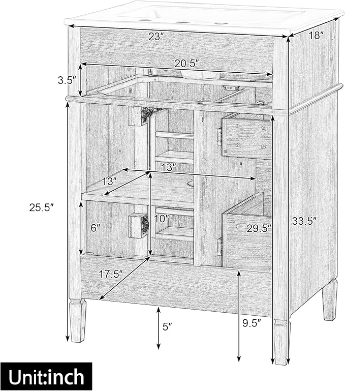 Harper & Bright Designs 24" Bathroom Vanity with Sink, Free Standing Single Basin Vanity Set with Tip-Out Drawer, 2 Drawers, and 2 Doors, Wood Bathroom Cabinet with Ceramic Basin for Bathroom, Wood