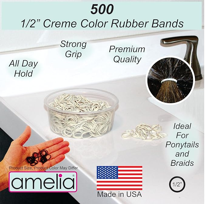 Amelia Beauty 500 Count Small Rubber Bands for Hair – ½" White - Made in USA - Recloseable Container - Mini Hair Elastics for Braids, Ponytails, Cornrows & Twists – Strong Hold Ponytail Holders