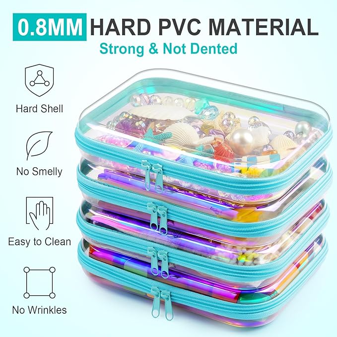 Hoolerry 4 Pcs Hard Clear Zipper Case Makeup Bags Plastic Zipper Pouch Transparent Storage Box Containers for Cosmetics, Snacks, Building Blocks, Puzzles(Clear,9.8 x 7.9 x 2 in,Blue Laser)