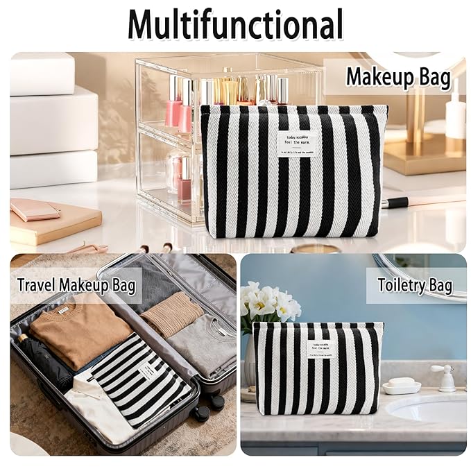 ZLFSRQ Striped Makeup Bag Large Canvas Travel Makeup Bag for Women Cosmetic Pouch Cute Black Striped Make Up Pouch for Purse Y2k Aesthetic Trendy Zippered Toiletry Bags Gift Skincare Storage Organizer