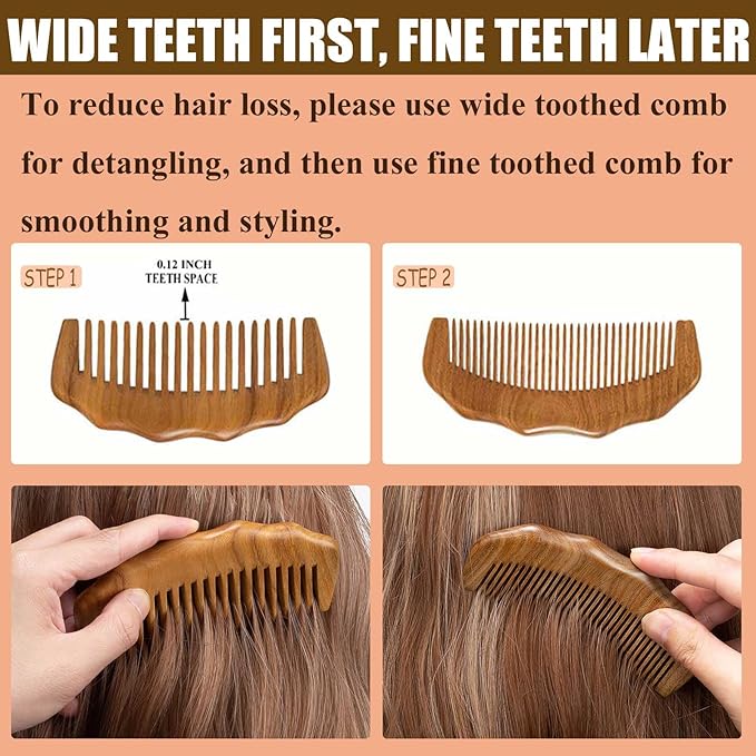 2 Pack Wooden Comb, Beard Comb for Men, Hair Combs for Women - Green Sandalwood