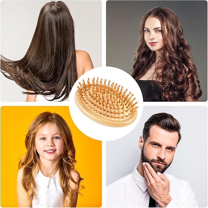 Bamboo Brush for Hair Growth, Natural Wooden Scalp Brush Mini Hair Scalp Massager Bamboo Bristles Detangling Hairbrush for Women, No Handle Design, Anti-Static Round Wood Pins
