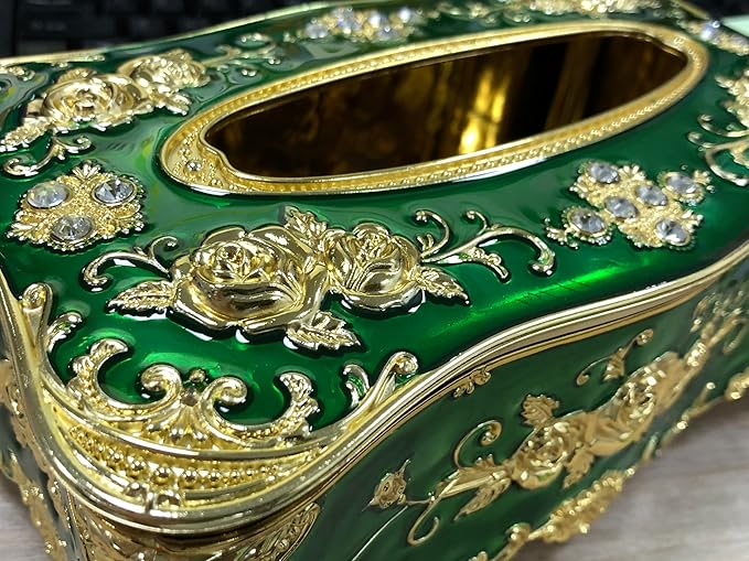 9.45"x5.43"x3.94" Luxurious Rose Tissue Box with Imitation Diamonds, Embossed Flowers, Elegant Tissue Paper Holders for Home Toilet Bath Hotel,Gold-Green