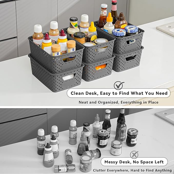 10 Pack Plastic Storage Bins with Lids, Stackable Plastic Storage Baskets for Organizing with Handles, Organizer Bins with Labels for Room, Craft, Containers for Pantry Organizers and Storage, Grey