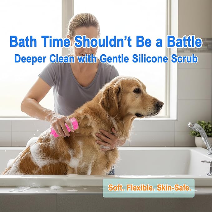 3-in-1 Triangular Dog Bath Brush for Dogs & Cats, Silicone Pet Grooming Brush with Deshedding Bristles, Massage Cones & Deep Cleaning Nubs, Black