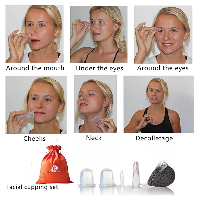 Facial Cupping Set – 4 Silicone Cups for Face, Neck & Body + Konjac Sponge & Guide – Lymphatic Drainage, Anti-Aging, Puffiness Reduction, TMJ Relief & Cellulite Massage – Medical-Grade Silicone