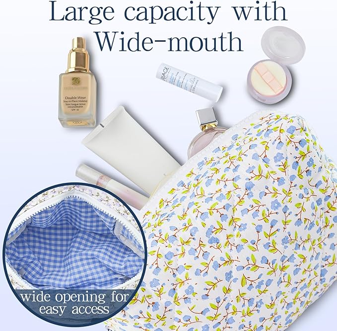 Quilted Makeup Bag Floral Cotton Make up Bag Puffy Coquette Makeup pouch Aesthetic Cute Travel Toiletry Bag for Women Girls