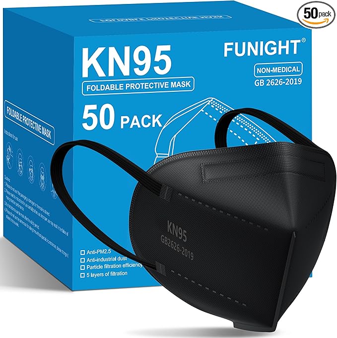Funight KN95 Face Masks 50 Pack 5-Ply Breathable Filter Disposable Face Masks Black