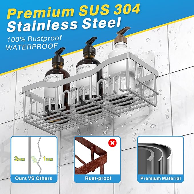 EUDELE 5-Pack Rustproof Stainless Steel Shower Caddy – No Drill Adhesive Bathroom Organizer with Large Capacity, Spacious Shower Shelves for Inside Shower, Kitchen & Home Decor Storage-XL Size