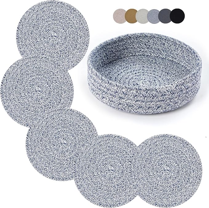 Coga Trivets for Hot Dishes, Trivets for Hot Pots and Pans, 7 Inchs Hot Pads 5 Pcs and Storage Basket for Countertops, Pot Holders for Kitchen, Cotton Table Protector Hot Mats Heat Resistant (Blue)