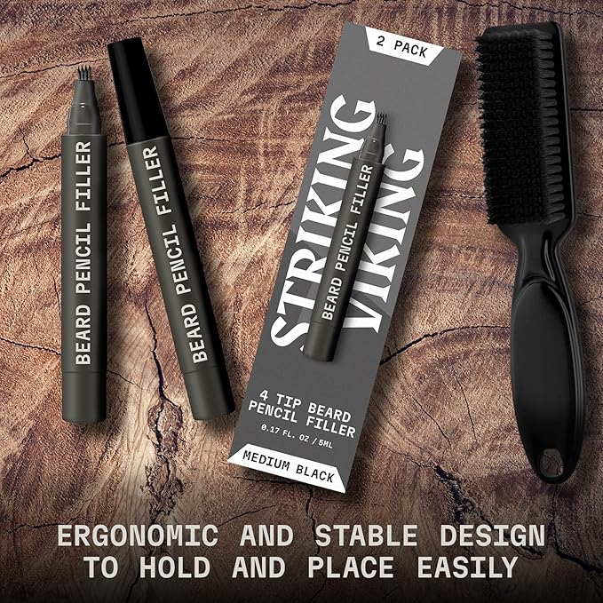 Striking Viking Beard Filler Pencil - Pack of 2, Medium Black, 4-Tip - Gap Contouring with Beard Shaper - Sweatproof Waterproof Touch-Ups with Barber Brush - Comb for Men & Mustache Brush Kit