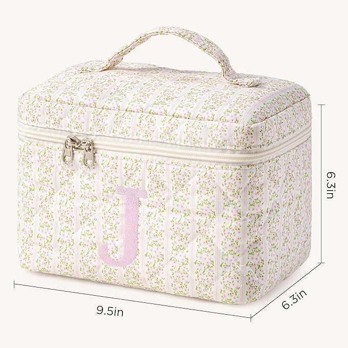 HBselect Initial Quilted Makeup Bag, Pink Cosmetic Travel Toiletry Bag, Flowers Coquette Zipper Make Up Pouch Organizer Teen Girl Gift Trendy Stuff J
