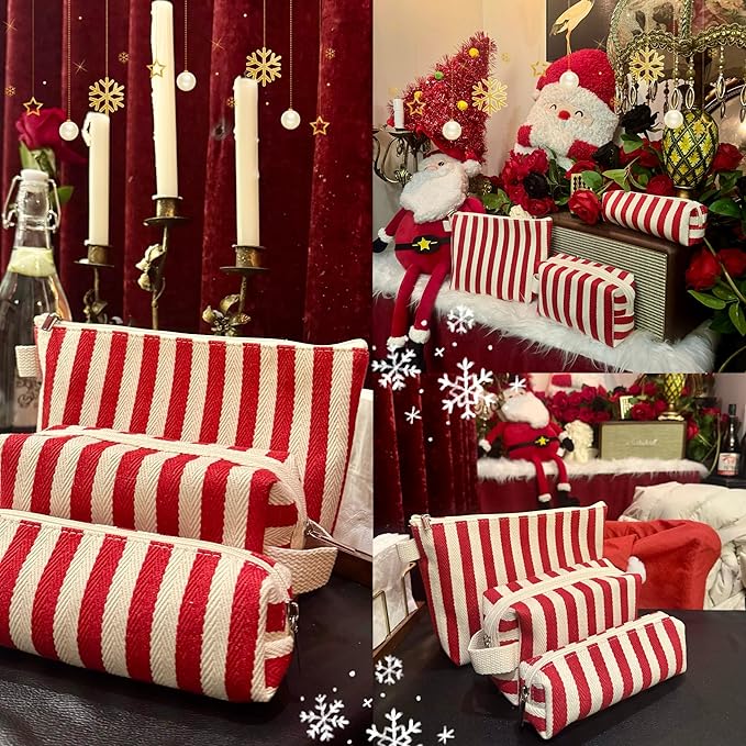 3 Pcs Makeup Bag Set Striped Canvas Purse Cosmetic Bag For Women Travel Toiletry Pouch Organizer pencil case (Red-White)