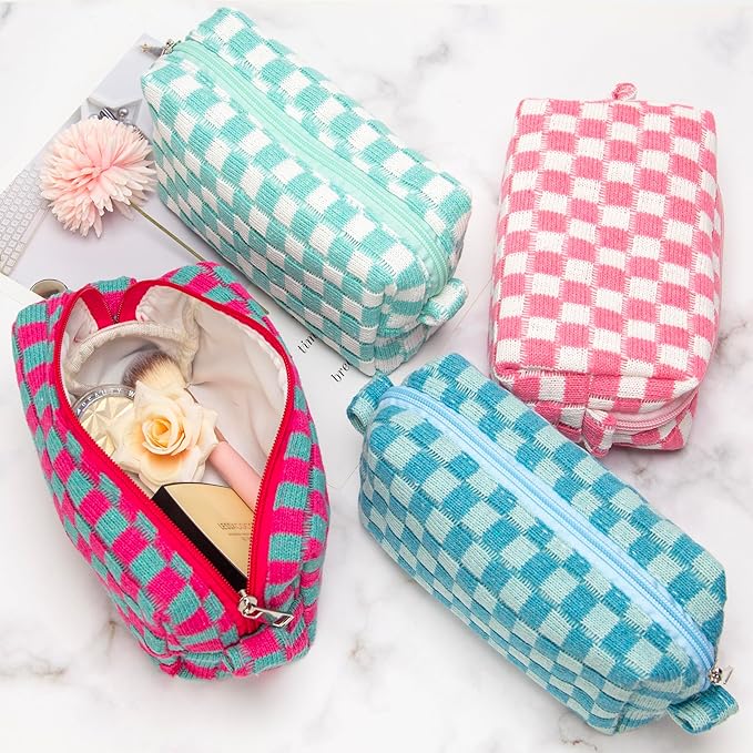 PAZIMIIK Checkered Makeup Bag for Purse Portable Zipper Make Up Pouch Small Cosmetic Case for Travel Accessories (6PCS Magenta Green)