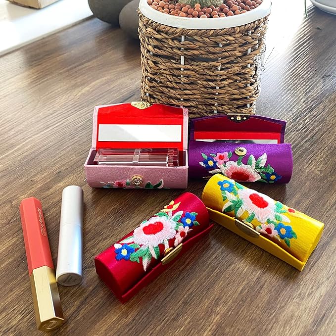 MIAO JIN 12-Pack Lipstick Case with Mirror Bulk, Small Lipstick Holder for Purse, Makeup Holder for Jewelry & Cosmetics, Storage Box, Cute Embroidery Design (Random Colors)