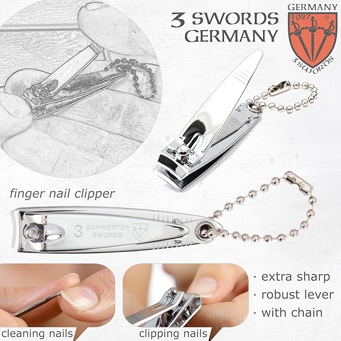 3 Swords Germany - Brand Quality 4 Piece Manicure Pedicure Grooming kit Set for Professional Finger & Toe Nail Care Tweezers File Clipper Brown Synthetic Leather case - Made by 3 Swords