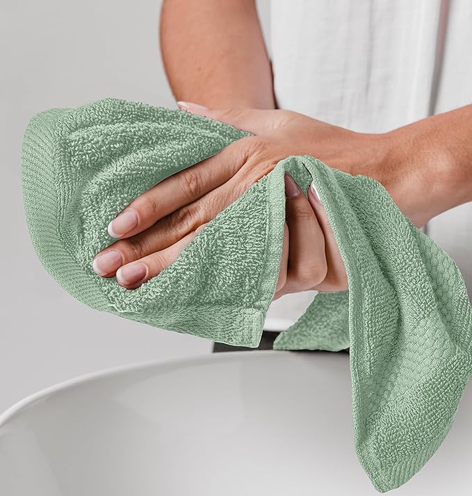 White Classic Luxury Cotton Washcloths 13x13 Inch - 650 GSM Turkish Cotton | Hotel, Spa, Bathroom Face Towel | 12 Pack, Light Green