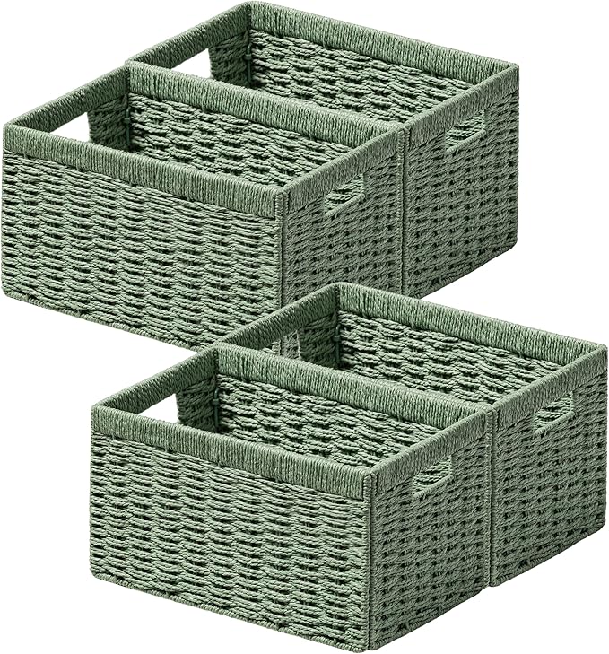 UBBCARE 4 Pack Wicker Basket, 13.4L×8.3H×7.1W inch Woven Paper Rope Storage Baskets for shelves, Foldable Rectangular Storage Baskets with Handle, Storage Basket for Organizing, Green