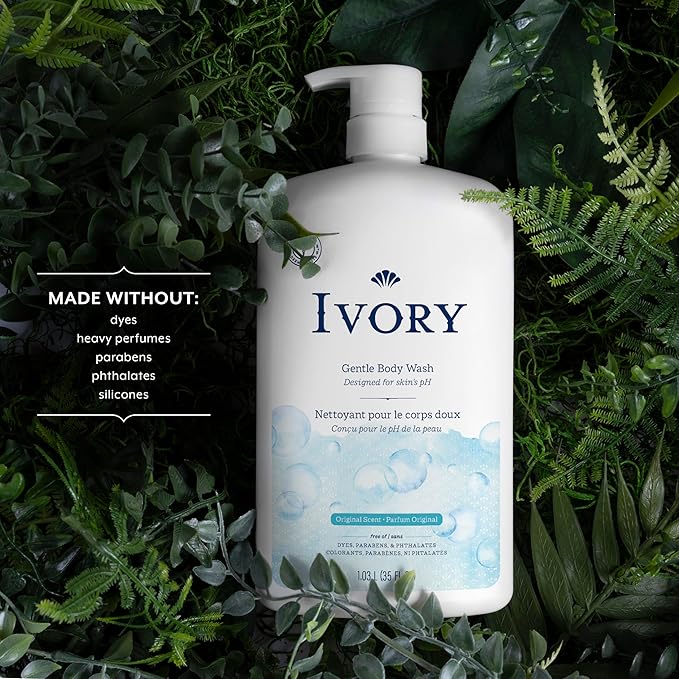 Ivory Body Wash, Designed for the Whole Family, Gentle Formula, Free of Dyes Heavy Perfumes Parabens Phthalates & Silicones, for Sensitive Skin, Designed for Skin's pH, Original Scent, 35 oz