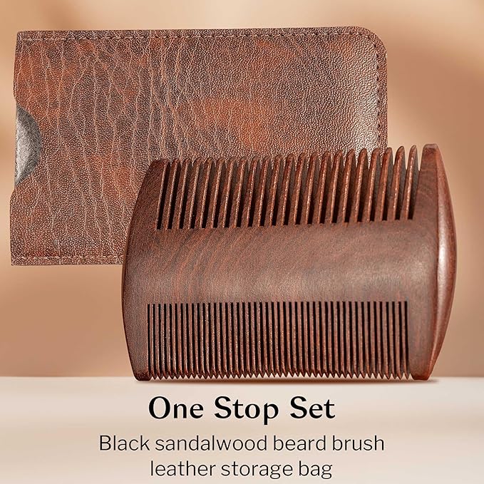 3PCS Beard Brush Comb Set for Men, Black Walnut Wood Dual Beard Comb & Case, Men's Natural Wooden Mustache Brush Kit - Medium Hardness