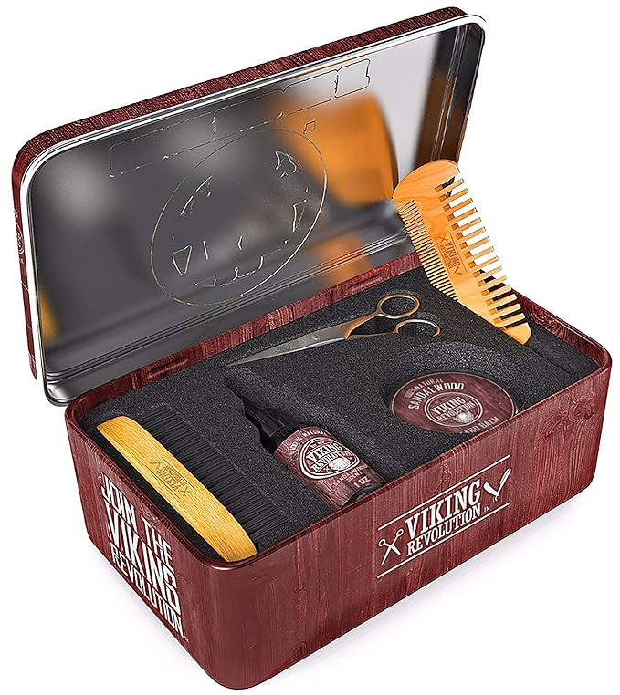 Viking Revolution Ultimate Grooming Kit for Men - Boar Brush, Wood Comb, Sandalwood Balm & Oil, Scissors for Beard & Mustache